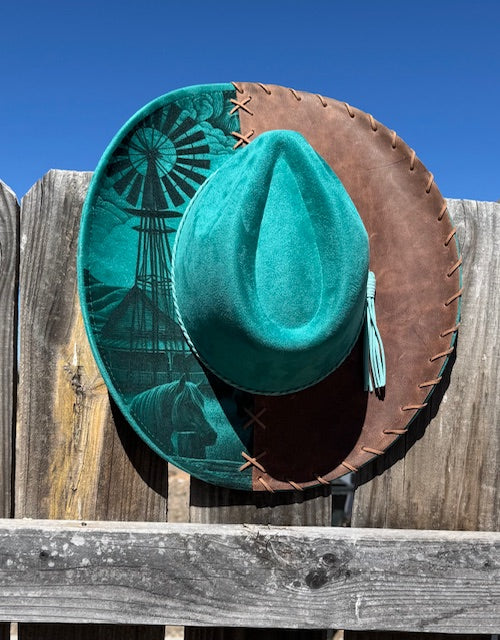 Laser Engraved Suede/Leather Horse Windmill Hat SH002
