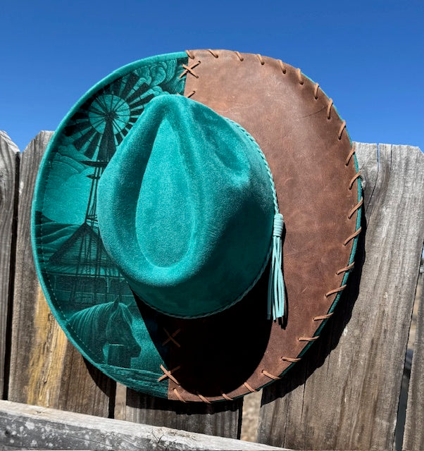 Laser Engraved Suede/Leather Horse Windmill Hat SH002
